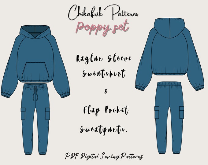 Poppy set sewing pattern|Hoodie Pattern with Raglan Sleeve & Flap Pocket Sweatpants pattern|women sewing pattern|women hoodie pattern