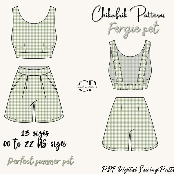 Fergie set pattern|Backless crop top pattern High waist short pattern|women sewing pattern|two pieces sewing pattern|12 sizes 00-22 US sizes