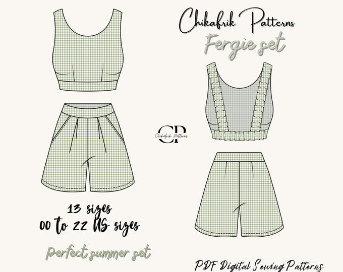 Fergie set pattern|Backless crop top pattern High waist short pattern|women sewing pattern|two pieces sewing pattern|12 sizes 00-22 US sizes
