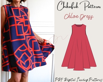 Flair jurk patroon PDF|Trapeze jurk naaipatroon|naaipatroon|7 maten XXS XXL|schattig zomerjurkpatroon|Alinedress|naaipatroon dames