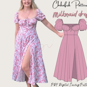 Milkmaid dress pattern|cottage core midi dress pattern|women dress pattern| slit dress pattern| PDF sewing pattern|Midi Dress sewing pattern