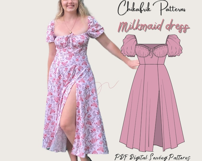 Milkmaid dress pattern|cottage core midi dress pattern|women dress pattern| slit dress pattern| PDF sewing pattern|Midi Dress sewing pattern