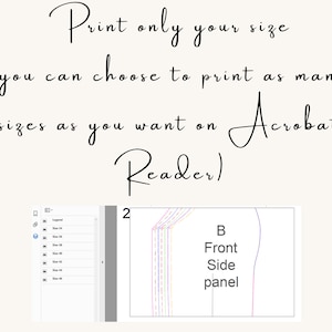 May include: A digital sewing pattern with the text "Print only your size" and "Acrobat Reader". The pattern includes a diagram labeled "B Front Side panel" with various colored lines and a size legend.