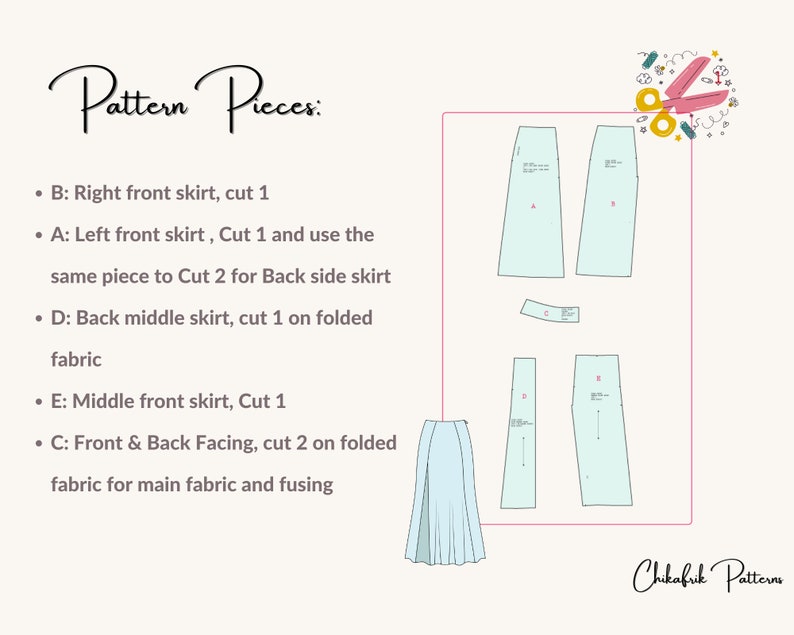May include: A sewing pattern layout with the text "Pattern Pieces" and a list of pattern pieces. The pattern includes pieces for a skirt, with the Chikafrik Patterns logo in the bottom right corner. The image has a light beige background.