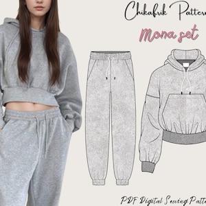 May include: A light gray Mona set, including a cropped hoodie and sweatpants, is shown. The hoodie has a drawstring hood and a front pocket. The sweatpants have a drawstring waist and cuffed ankles. The text "Chikafrik Patterns" and "Mona set" are displayed.