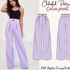May include: A woman wearing a black camisole and light purple wide-leg pants. The pants have a high waist and a single button closure. The image also shows a line drawing of the pants with the text "Chikafrik Patterns Celia pant" and "PDF Digital Sewing Patterns".