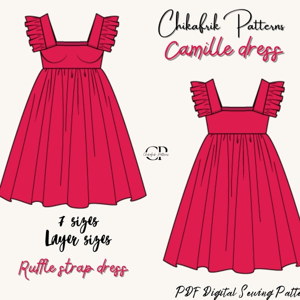 Ruffled strap dress pattern| 7 sizes XXS to XXL|summer dress pattern |pdf printable sewing pattern| women pattern| beach dress pattern