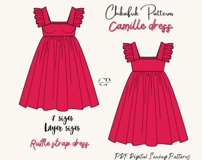 Ruffled strap dress pattern| 7 sizes XXS to XXL|summer dress pattern |pdf printable sewing pattern| women pattern| beach dress pattern