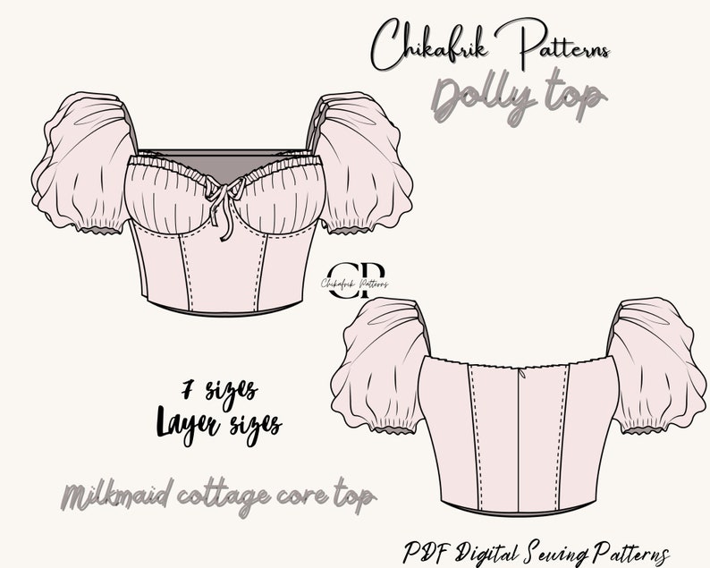 Pu&ograve; includere: Disegno a linea di una camicetta rosa in stile cottagecore con maniche a sbuffo. La camicetta &egrave; di stile corto e ha una scollatura a cuore. Il testo "Chikafrik Patterns Dolly top" &egrave; in alto nell'immagine. Il testo "7 sizes Layer sizes Milkmaid cottage core top PDF Digital Sewing Patterns" &egrave; in basso nell'immagine.