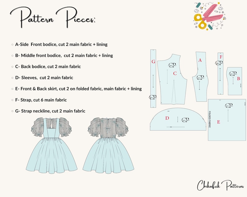 May include: A sewing pattern for a dress with puff sleeves and a gathered skirt. The pattern includes instructions for cutting out the fabric pieces and assembling the dress. The pattern pieces are labeled with letters A through G. The pattern is for a dress with a light blue fabric.
