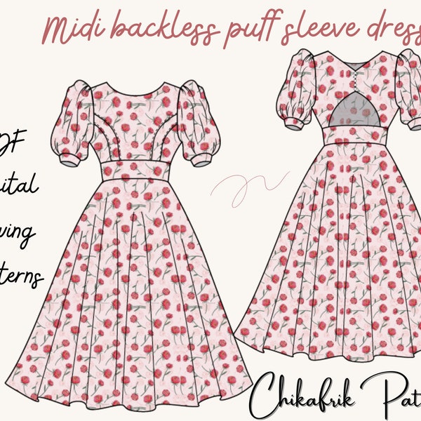 Robe midi dos nu à manches bouffantes | modèle de couture de robe | modèle de couture femme | modèle de robe midi | modèle de couture de robe dos nu | modèle de manches bouffantes