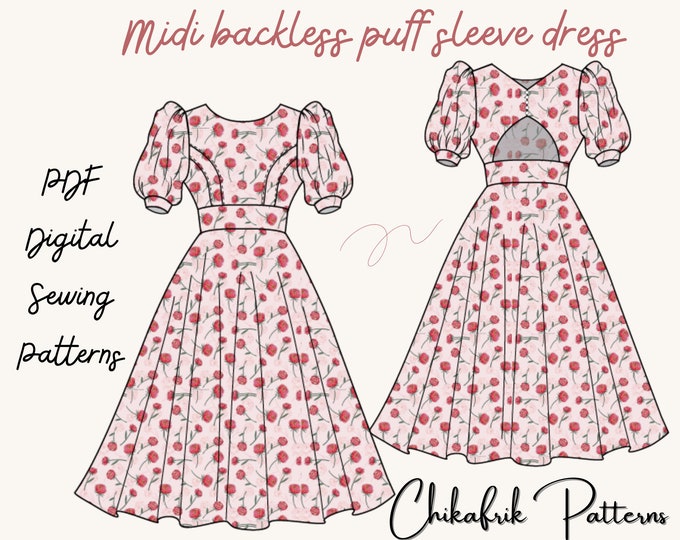 Backless puff sleeve midi dress|dress sewingpattern|women sewing pattern|midi dress pattern|backless dresssewing pattern|puff sleeve pattern