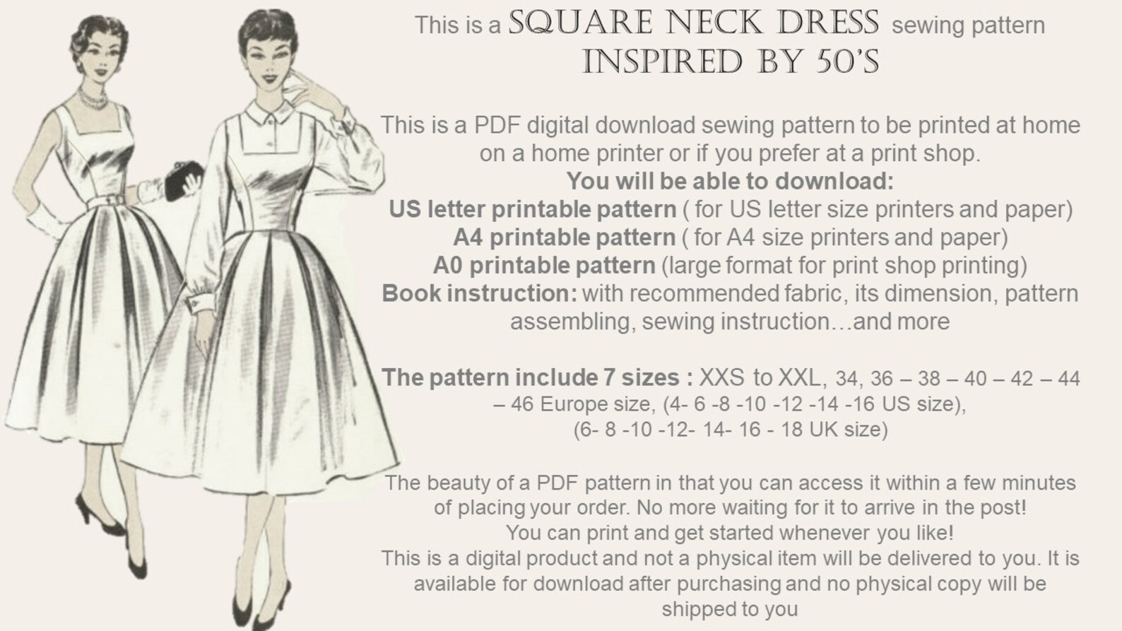 Dress Sewing Pattern Square Neck Dress PDF Sewing Etsy Canada