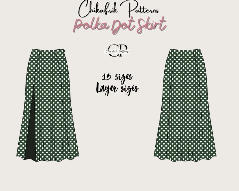 May include: Illustration of a green polka dot skirt design. The skirt features a high waist and a slit on one side. The text "Chikafrik Patterns Polka Dot Skirt" is displayed at the top, with "15 sizes Layer sizes" below.