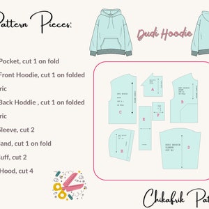 May include: A sewing pattern for a hoodie with instructions for cutting out the pieces. The pattern includes pieces for the pocket, front and back of the hoodie, sleeves, band, cuff, and hood. The pattern is labeled "Dudi Hoodie" and "Chikafrik Patterns".