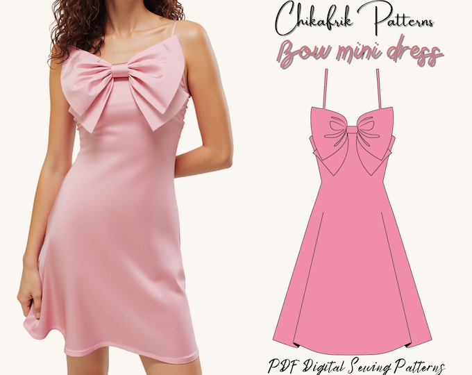 Bow dress pattern|women strap dress sewing pattern with bow neckline|women summer dress pattern|satin dress pattern|bow dress pattern|15size