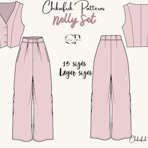 Puede incluir: Un patrón de costura digital para una blusa rosa sin mangas y pantalones de pierna ancha. El patrón incluye 15 tallas y se llama "Nelly Set" de Chikafrik Patterns.