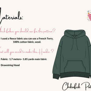 May include: A green hooded sweatshirt with a pocket on the front. The text "Materials: Which fabric you should use for this pattern? I used a fleece fabric you can use a French Terry, 100% cotton fabric, wool. What will you need to make this Hoodie? &bull; Fabric: 1.7 meters~ 1.85 yards main fabric &bull; Drawstring Hood Chikafrik Patterns" is written below the sweatshirt.