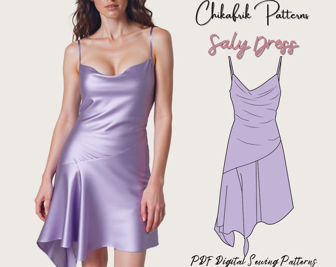 Saly dress pattern|women dress sewing pattern|halter dress pattern|women digital sewing pattern 15 sizes|satin asymmetrical dress pattern