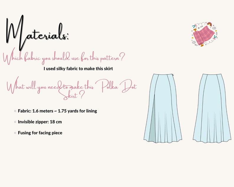 May include: A light blue Polka Dot skirt pattern with a diagram of the front and back views. The image includes a list of materials needed: 1.6 meters of fabric, an 18 cm invisible zipper, and fusing for the facing piece.