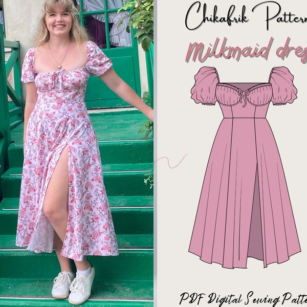 Milkmaid dress pattern|cottage core midi dress pattern|women dress pattern| slit dress pattern| PDF sewing pattern|Midi Dress sewing pattern