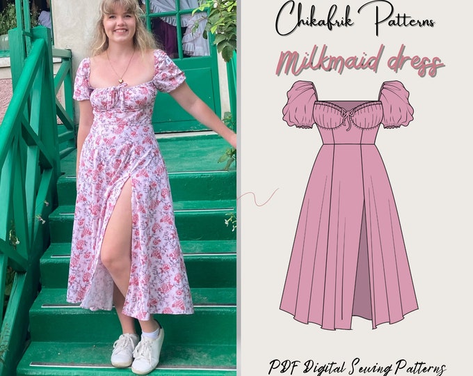 Milkmaid dress pattern|cottage core midi dress pattern|women dress pattern| slit dress pattern| PDF sewing pattern|Midi Dress sewing pattern