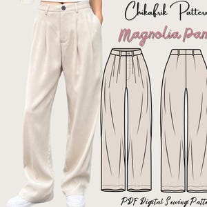 Könnte beinhalten: Ein digitales Schnittmuster für Magnolia-Hosen. Das Muster enthält eine Strichzeichnung der Hose mit Falten und einem weiten Bein. Der Text "Chikafrik Patterns" und "PDF Digital Sewing Patterns" ist ebenfalls im Bild enthalten.