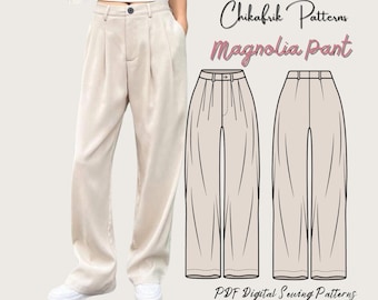 May include: A digital sewing pattern for Magnolia Pants. The pattern includes a line drawing of the pants with pleats and a wide leg. The text "Chikafrik Patterns" and "PDF Digital Sewing Patterns" is also included in the image.