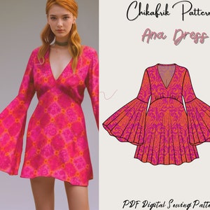 Ana dress|Sheath Bell Sleeve Mini Dress 70s inspired dress pattern|mini dress pattern|women dress sewing pattern|PDF sewing pattern 15 size