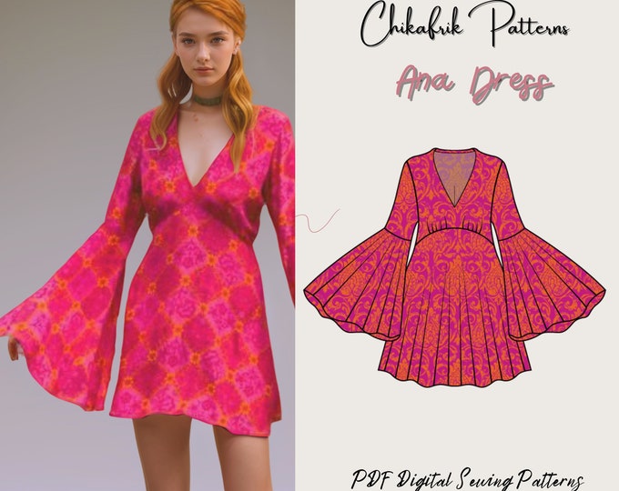 Ana dress|Sheath Bell Sleeve Mini Dress 70s inspired dress pattern|mini dress pattern|women dress sewing pattern|PDF sewing pattern 15 size