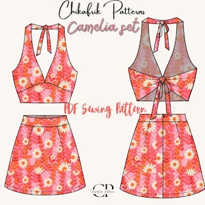 Pode incluir: Uma ilustração digital de um padrão de costura para um top halter e uma saia. O padrão apresenta uma estampa floral rosa e laranja com um design de margarida. O texto "Chikafrik Patterns Camelia set PDF Sewing Pattern" está incluído na imagem.