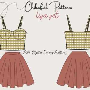 Puede incluir: Un patrón de costura digital para un top corto de cuadros y una falda completa. El top es de color marrón claro con cuadros blancos y la falda es de color rosa polvoriento. El patrón se llama "Lisa set" de Chikafrik Patterns.