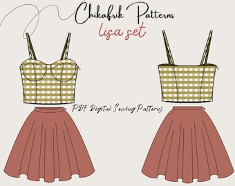 May include: A digital sewing pattern for a gingham crop top and a full skirt. The top is a light brown with white gingham and the skirt is a dusty rose color. The pattern is called "Lisa set" by Chikafrik Patterns.