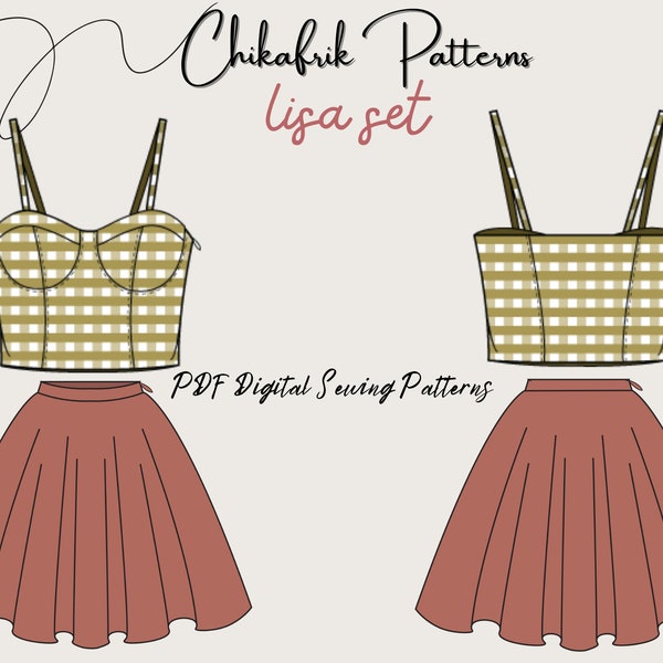 Patron Bustier + patron mini-jupe : 2 patrons de couture numériques | 7 queues | Modèle de couture PDF femme | |ensemble de 2 pièces d'été