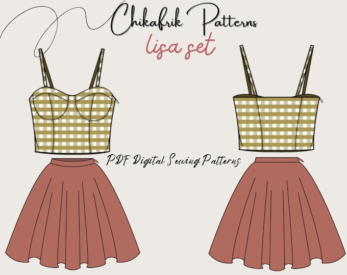 Patron Bustier + patron mini-jupe : 2 patrons de couture numériques | 7 queues | Modèle de couture PDF femme | |ensemble de 2 pièces d'été