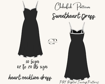 Patrón de vestido de escote corazón: corte minimalista, 10 tallas (patrón en PDF)