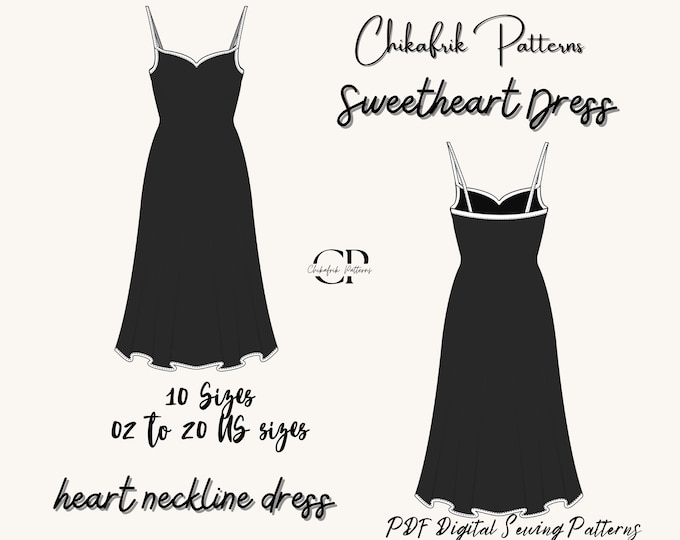 Heart dress 10sizes|Sweetheart Dress|Minimal Bodycon Dress Digital Sewing Pattern|Heart Neckline short&long Dress |Graduation dress