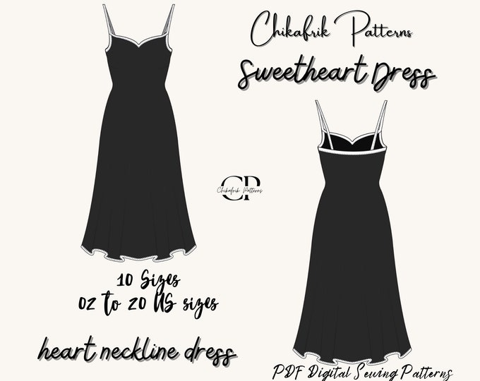 Heart dress 10sizes|Sweetheart Dress|Minimal Bodycon Dress Digital Sewing Pattern|Heart Neckline short&long Dress |Graduation dress