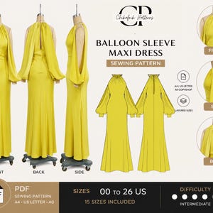 May include: A yellow maxi dress sewing pattern with balloon sleeves. The pattern includes sizes 00 to 26 US and is rated intermediate difficulty. The dress is displayed on a mannequin from multiple angles, including front, side, and back views.