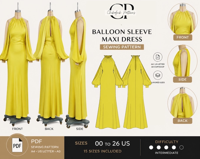 Maxi Dress Sewing Pattern, Elegant Balloon Sleeve Halter Gown (PDF Download)