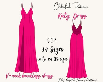 Katy Slit Maxi Dress Sewing Pattern: Open Back Evening Gown (PDF Pattern)