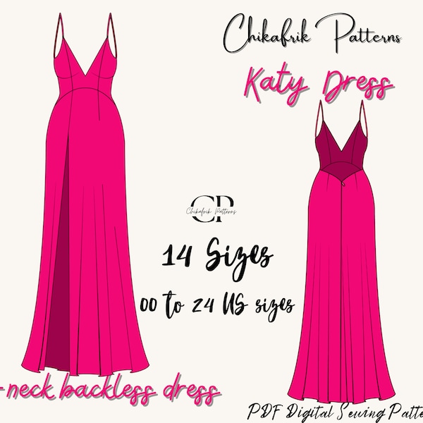 Robe Katy | Patron de robe fendue | Patron de robe de bal | Patron de couture de robe de soirée | Patron de robe longue dos nu | Patron de couture pdf