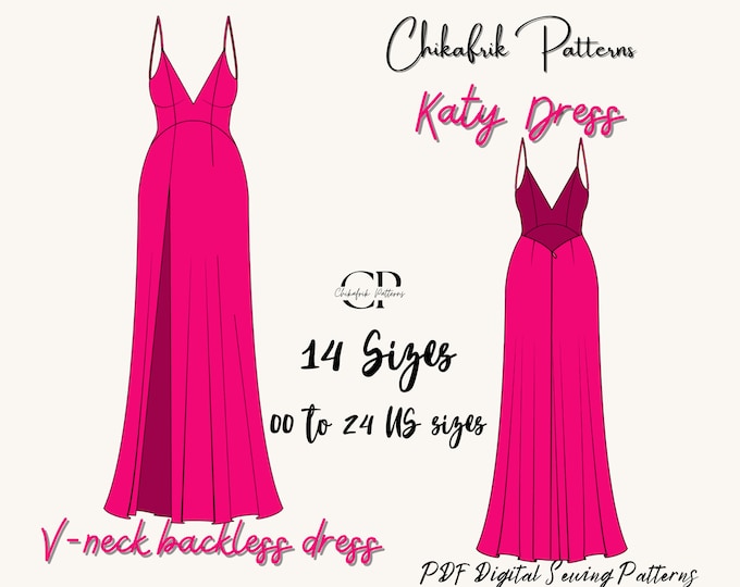 Katy dress|Slit dress pattern|prom dress pattern|evening gown dress sewing pattern|open back maxi dress pattern|pdf sewing pattern