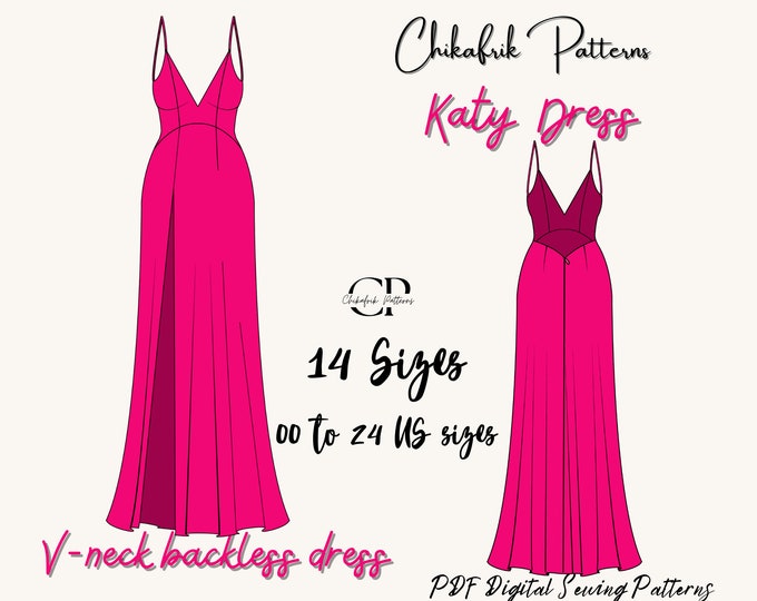 Katy dress|Slit dress pattern|prom dress pattern|evening gown dress sewing pattern|open back maxi dress pattern|pdf sewing pattern