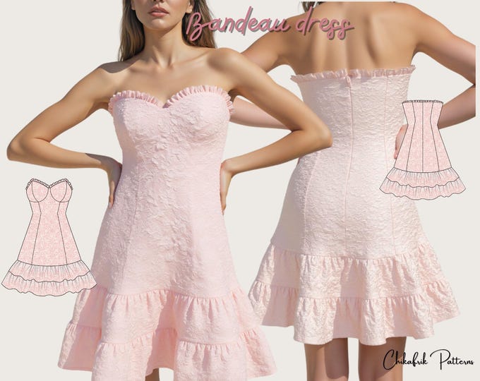 Bandeau dress pattern|bustier dress sewing pattern|dress pattern|women bustier dress pattern|15 size|Ruffle dress pattern|women pdf pattern