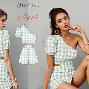 Betty Set high waistshort pattern & one shoulder top patternbundle set patternpdf sewing patternwomen sewing pattern 10 sizes XXS to XXL image 3