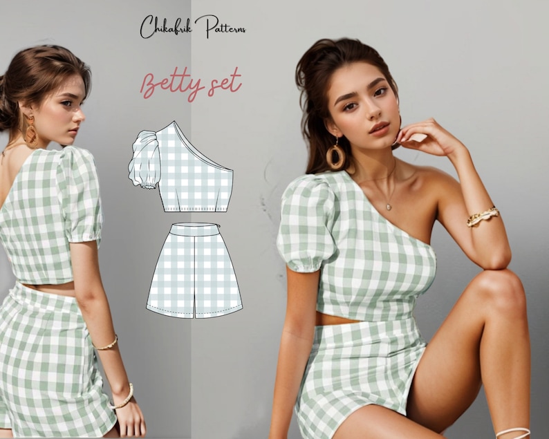 Betty Set/ patrón de cintura alta y top de un hombro/patrón de conjunto de paquete/patrón de costura pdf/patrón de costura de mujer 10 tallas XXS a XXL imagen 3