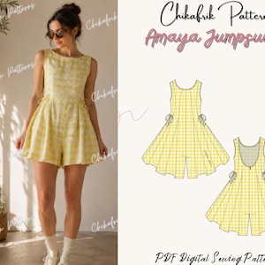 May include: A yellow and white gingham print jumpsuit with a round neckline and tie details at the waist. The image also shows a pattern illustration of the jumpsuit. Text on the image reads "Chikafrik Patterns Amaya Jumpsuit" and "PDF Digital Sewing Patterns."