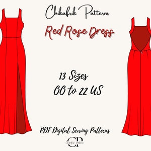 Red Rose Dress Sewing pattern|Slit dress pattern|prom dress pattern|evening gown dress sewing pattern|open back maxi dress pattern|13 sizes