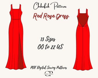 Red Rose Dress Sewing pattern|Slit dress pattern|prom dress pattern|evening gown dress sewing pattern|open back maxi dress pattern|13 sizes